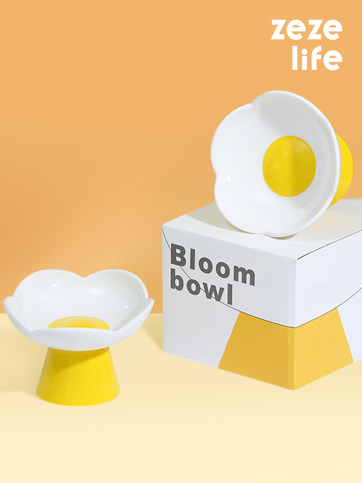 ZezeLife White Flower Ceramic Elevated Cat Bowl