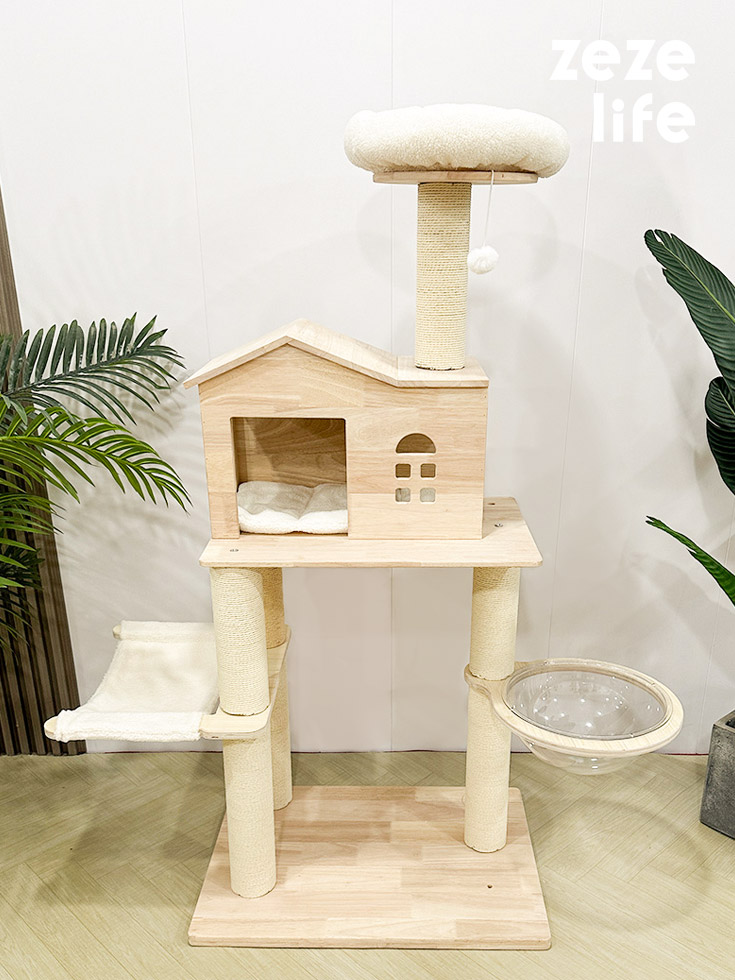 ZezeLife Wooden House Solid Wood Cat Tree