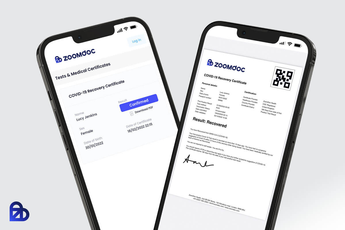 ZoomDoc Health Covid-19 recovery certificate, view 2